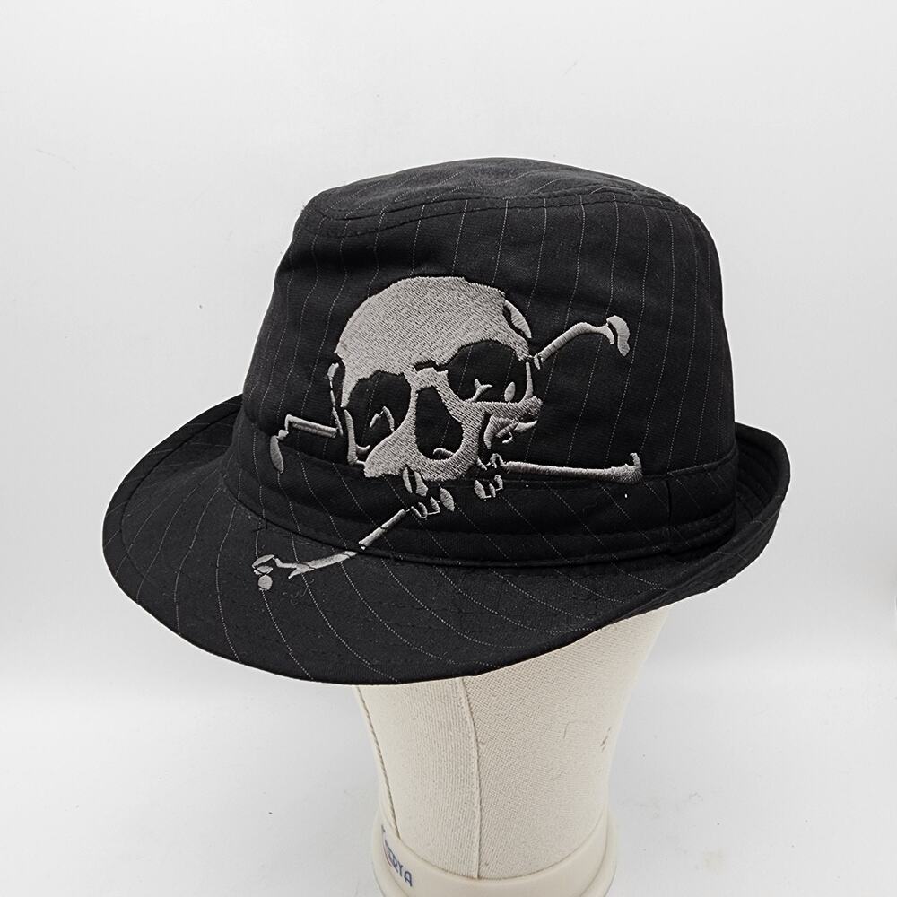 Virtis Mens Skull Fedora Hat Red Splatter Lining Black Pinstripe Size S Y2K Punk